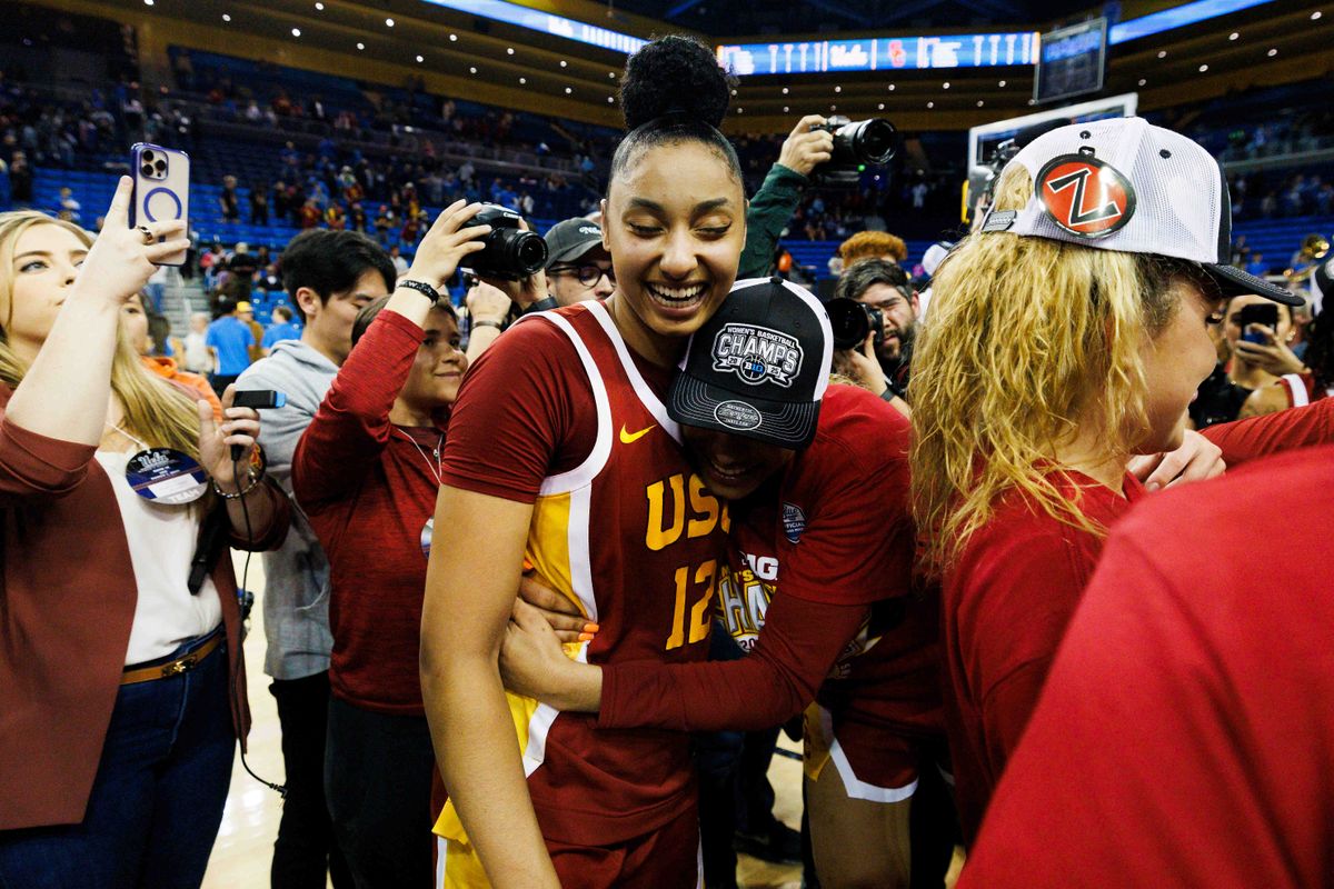 JuJu Watkins #12 of the USC Trojans celebrates after the game against UCLA Bruins at Pauley Pavilion on March 1, 2025 in Los Angeles, California.