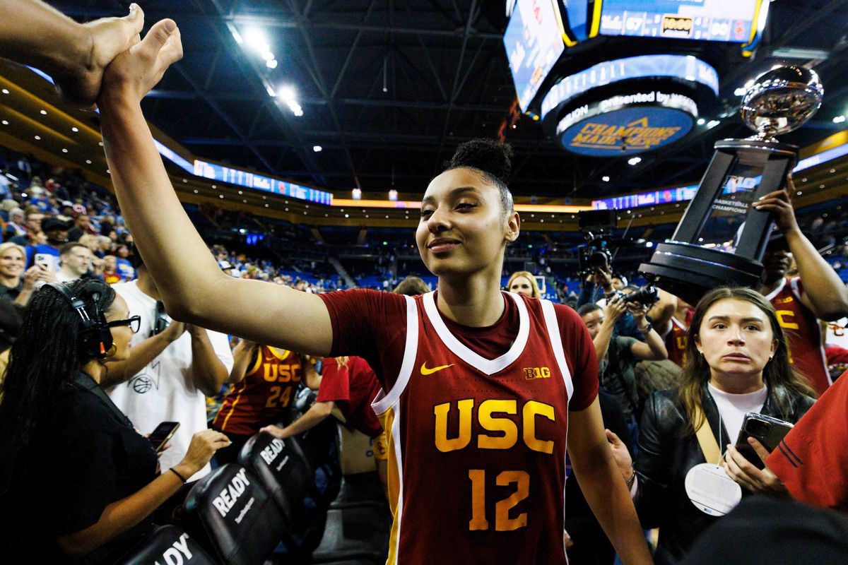 JuJu Watkins #12 of the USC Trojans celebrates after the game against UCLA Bruins at Pauley Pavilion on March 1, 2025 in Los Angeles, California. 