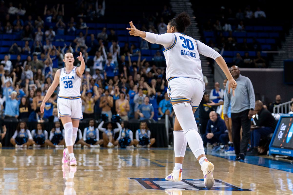 UCLA forward Timea Gardiner (30) celebrates after making a three pointer during an NCAA women's basketball game against Southern University, Friday March 21, 2025 in Los Angeles, Calif UCLA forward Timea Gardiner (30) celebrates after making a three pointer during an NCAA women's basketball game against Southern University, Friday March 21, 2025 in Los Angeles, Calif