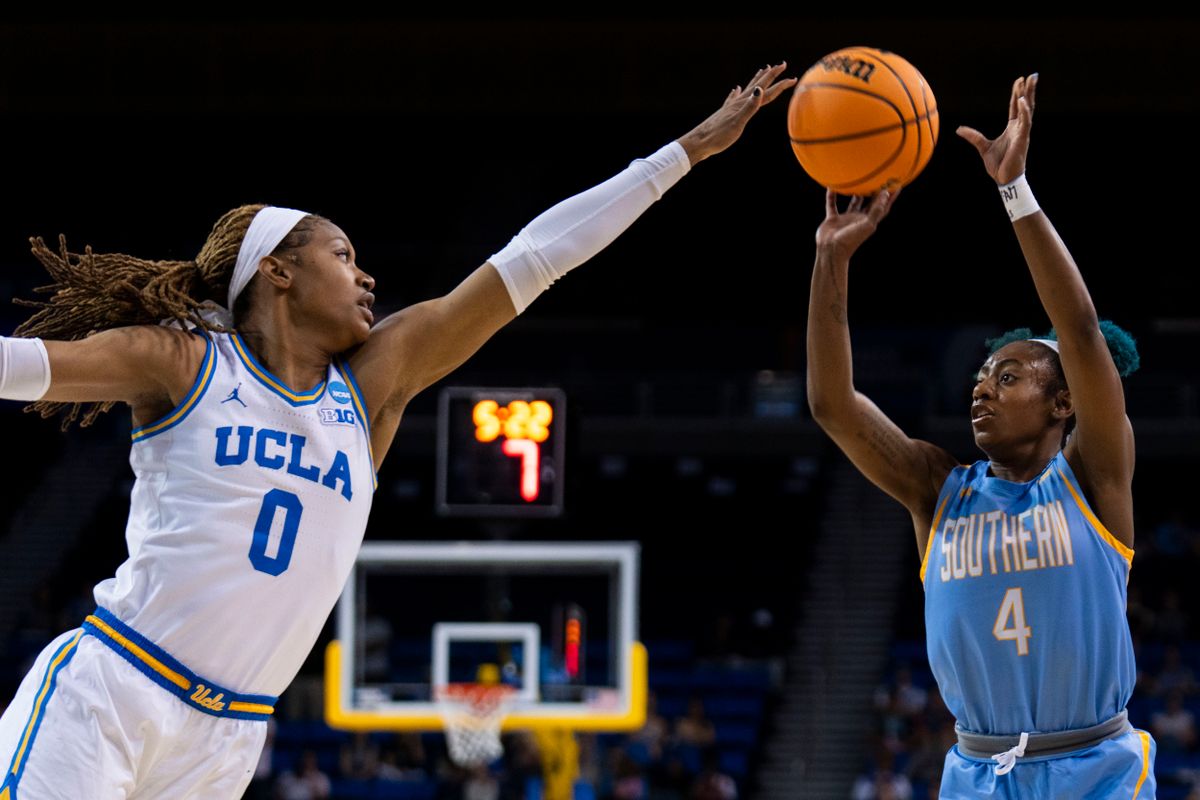 UCLA forward Janiah Barker (0) blocking the jump shot during an NCAA women's basketball game against Southern University, Friday March 21, 2025 in Los Angeles, Calif UCLA forward Janiah Barker (0) blocking the jump shot during an NCAA women's basketball game against Southern University, Friday March 21, 2025 in Los Angeles, Calif