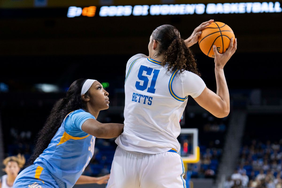 UCLA center Lauren Betts (51) posting up the defender during an NCAA women's basketball game against Southern University, Friday March 21, 2025 in Los Angeles, Calif