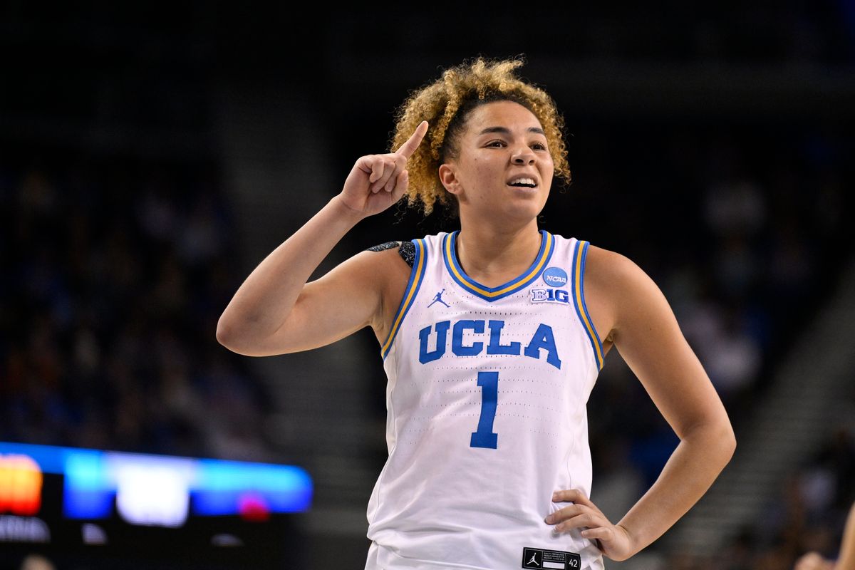 Mar 23, 2025; Los Angeles, California, USA; UCLA Bruins guard Kiki Rice (1) before shooting a free throw during the second quarter against the Richmond Spiders in an NCAA Tournament second round game at Pauley Pavilion presented by Wescom.