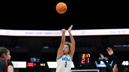 UCLA guard Kiki Rice (1) shooting a three-pointer during a Big 10 basketball game against SDSU, Monday, November 3rd, 2025 in Anaheim, California