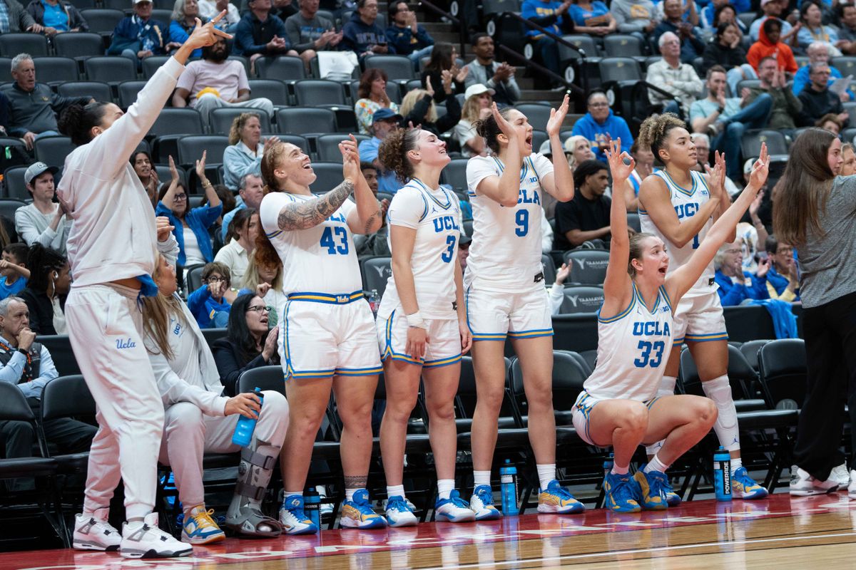 UCLA bench celebrating a made three pointer during a Big 10 basketball game against SDSU, Monday, November 3rd, 2025 in Anaheim, California