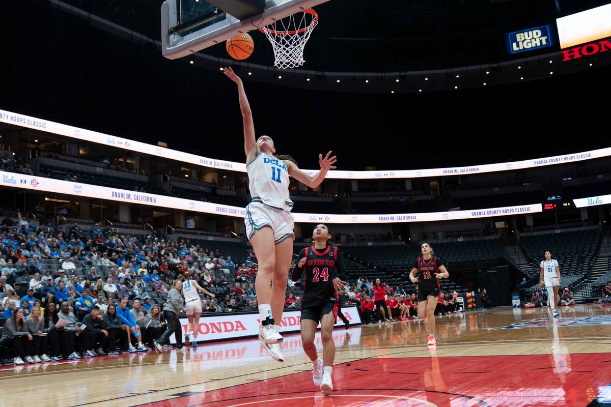 UCLA guard Gabriela Jaquez (11) shooting a lay-up during a Big 10 basketball game against SDSU, Monday, November 3rd, 2025 in Anaheim, California