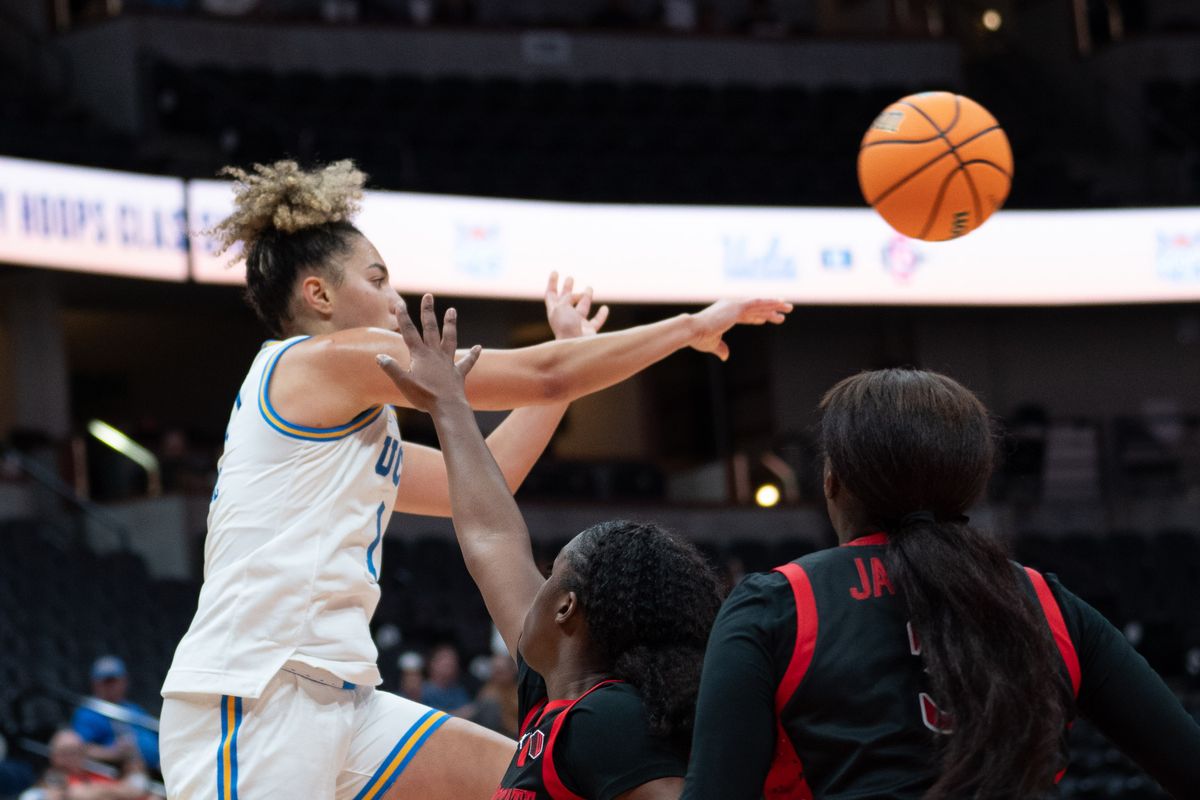 UCLA guard Kiki Rice (1) passing the ball during a Big 10 basketball game against SDSU, Monday, November 3rd, 2025 in Anaheim, California