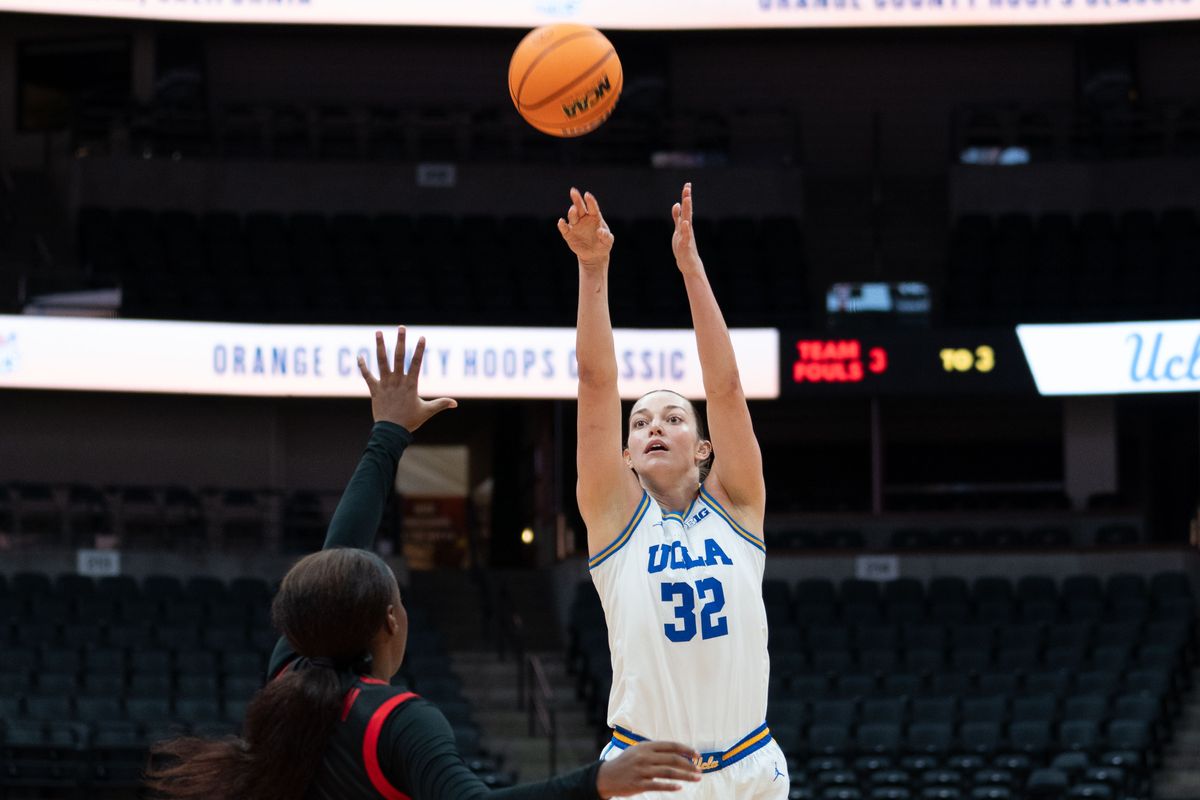 UCLA forward Angela Dugalic (32) shooting a three-pointer during a Big 10 basketball game against SDSU, Monday, November 3rd, 2025 in Anaheim, California