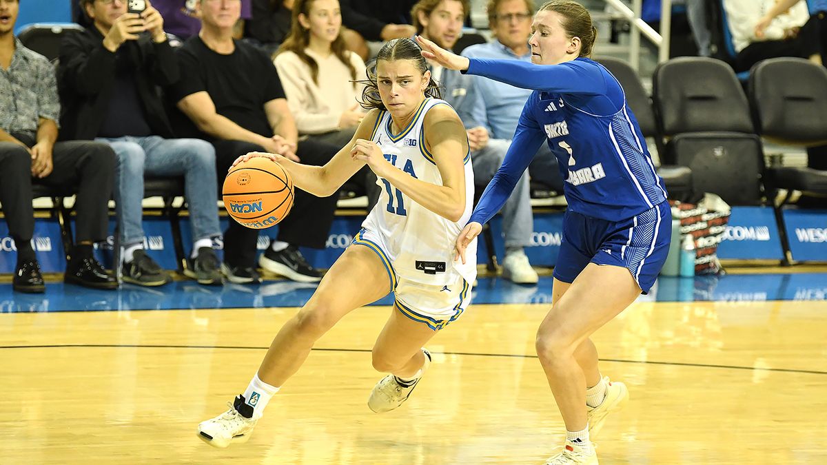 UCLA Bruins guard Gabriela Jaquez (11) drives to the basket during an NCAA basketball game against the UCSB Gauchos on Thursday, November 6, 2025 at Pauley Pavilion in Los Angeles, Calif.  Bruins defeated the Gauchos 87-50.