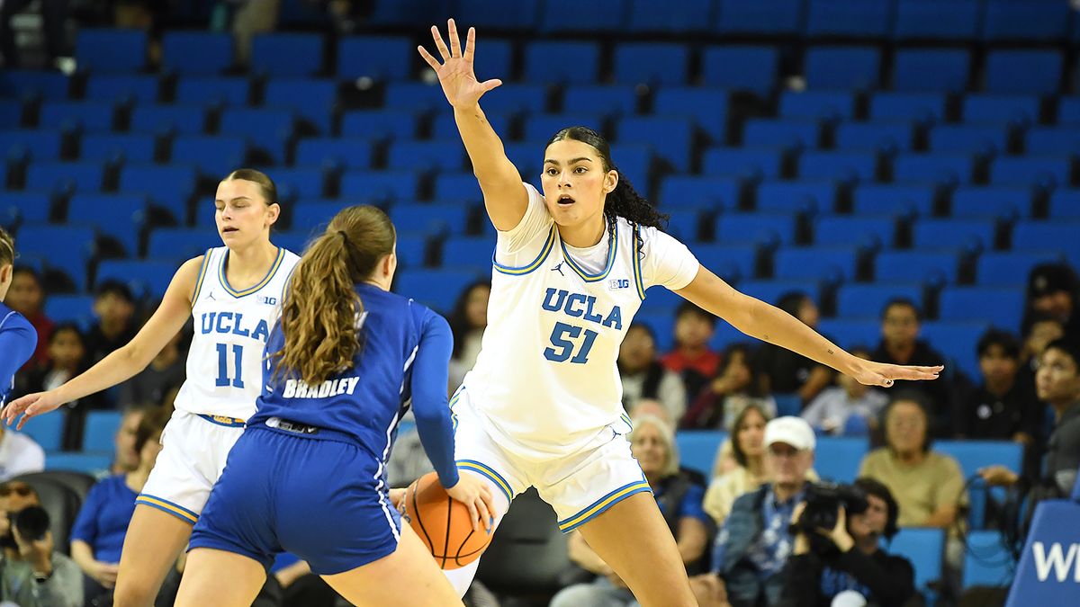 UCLA Bruins center Lauren Betts (51) plays defense during an NCAA basketball game against the UCSB Gauchos on Thursday, November 6, 2025 at Pauley Pavilion in Los Angeles, Calif.  Bruins defeated the Gauchos 87-50.