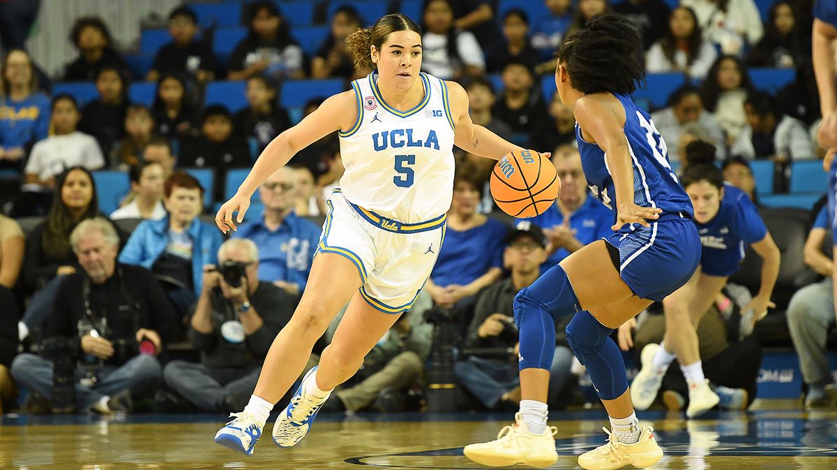 UCLA Bruins guard Charlisse Leger-Walker (5) dribbles down court during an NCAA basketball game against the UCSB Gauchos on Thursday, November 6, 2025 at Pauley Pavilion in Los Angeles, Calif.  Bruins defeated the Gauchos 87-50.