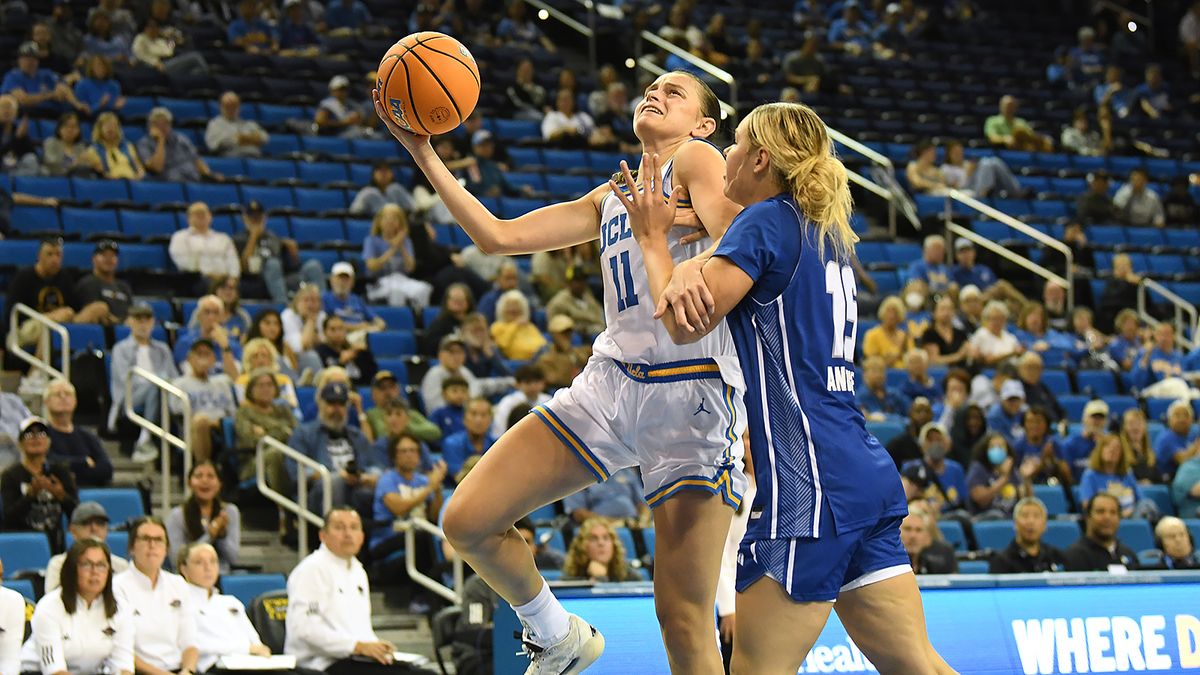 UCLA Bruins guard Gabriela Jaquez (11) is fouled while attempting a lay up during an NCAA basketball game against the UCSB Gauchos on Thursday, November 6, 2025 at Pauley Pavilion in Los Angeles, Calif.  Bruins defeated the Gauchos 87-50.