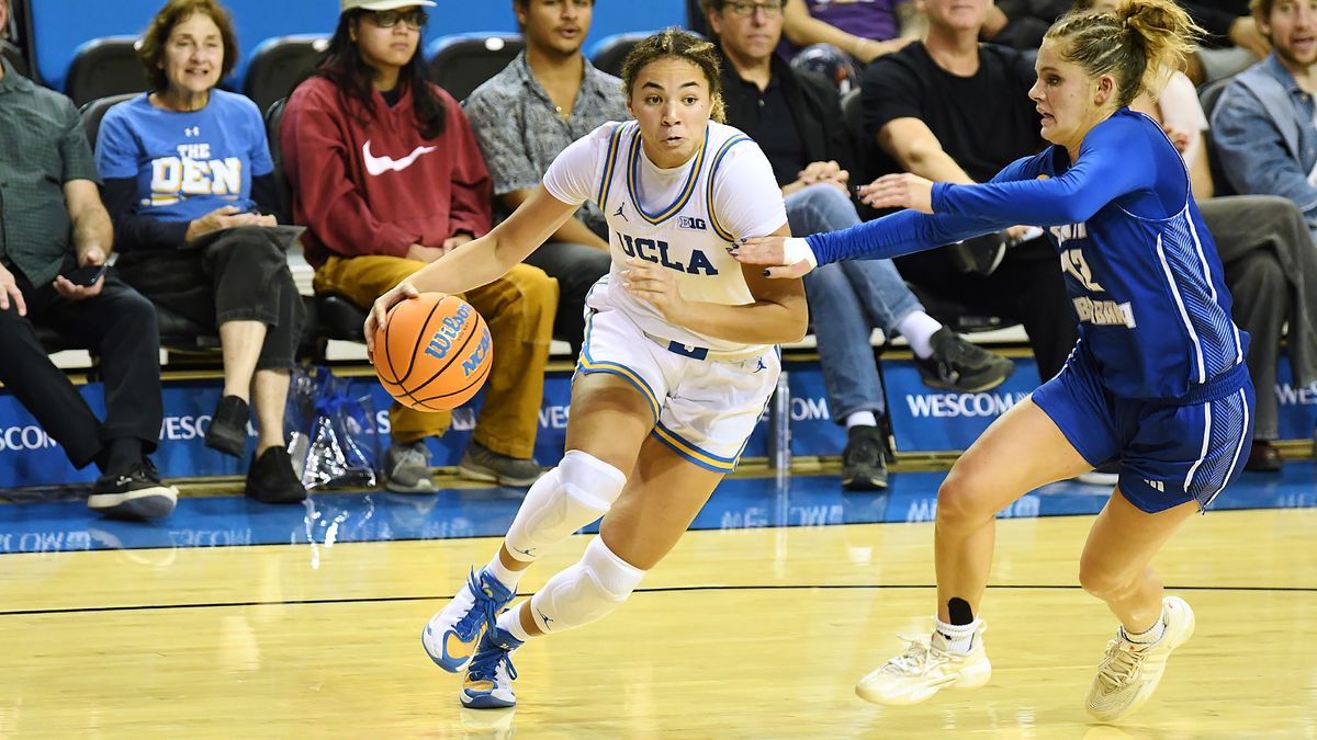 UCLA Bruins guard Kiki Rice (1) drives to the basket during an NCAA basketball game against the UCSB Gauchos on Thursday, November 6, 2025 at Pauley Pavilion in Los Angeles, Calif.  Bruins defeated the Gauchos 87-50.