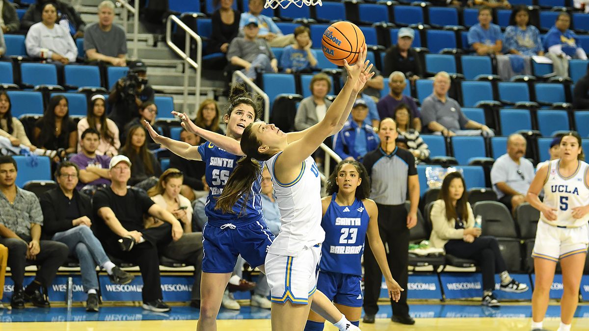UCLA Bruins guard Lena Bilić (9) attempts a reverse lay up during an NCAA basketball game against the UCSB Gauchos on Thursday, November 6, 2025 at Pauley Pavilion in Los Angeles, Calif.  Bruins defeated the Gauchos 87-50.