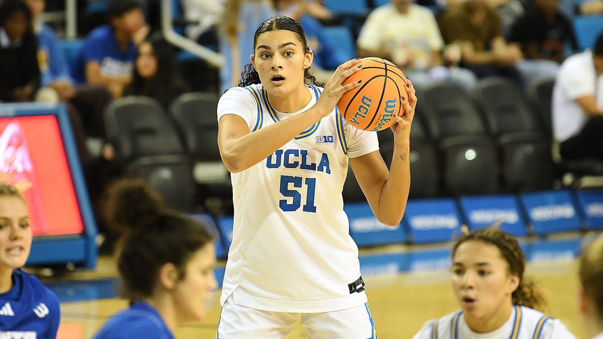 UCLA Bruins center Lauren Betts (51) looks to pass the ball during an NCAA basketball game against the UCSB Gauchos on Thursday, November 6, 2025 at Pauley Pavilion in Los Angeles, Calif.  Bruins defeated the Gauchos 87-50.