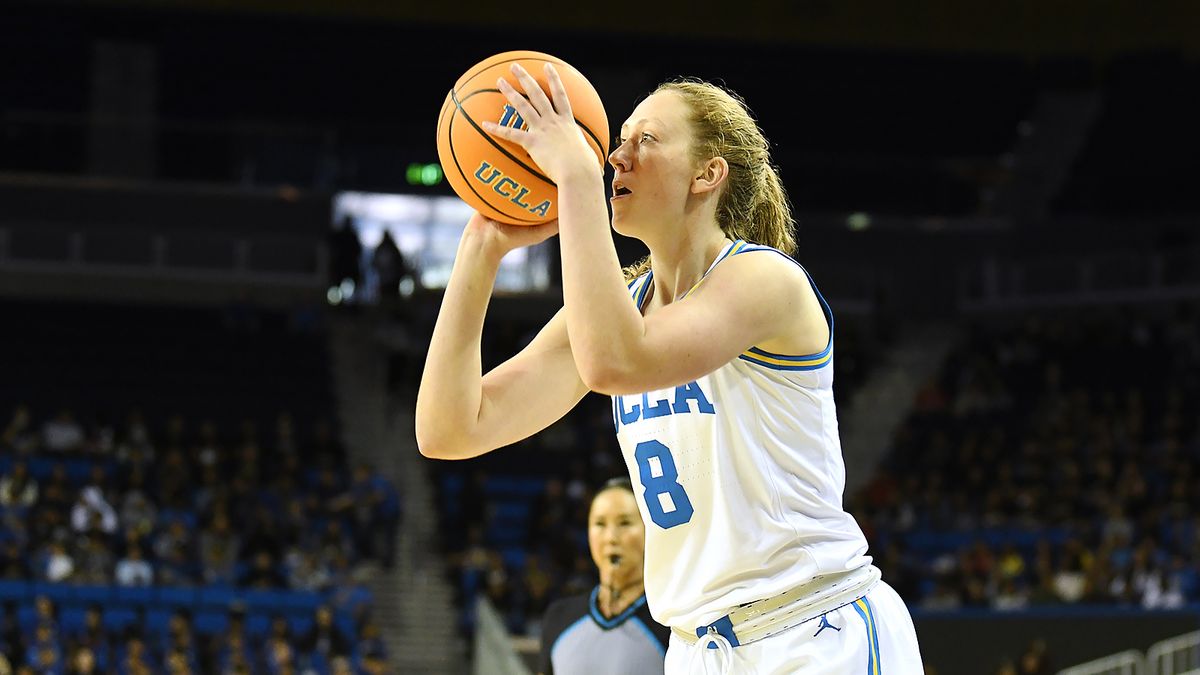 UCLA Bruins guard Gianna Kneepkens (8) shoots a three-pointer during an NCAA basketball game against the UCSB Gauchos on Thursday, November 6, 2025 at Pauley Pavilion in Los Angeles, Calif.  Bruins defeated the Gauchos 87-50.