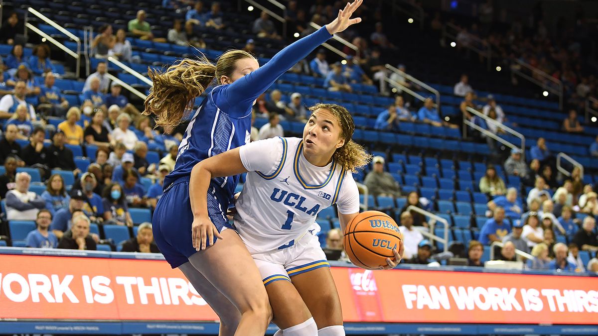 UCLA Bruins guard Kiki Rice (1) drives to the basket during an NCAA basketball game against the UCSB Gauchos on Thursday, November 6, 2025 at Pauley Pavilion in Los Angeles, Calif.  Bruins defeated the Gauchos 87-50.