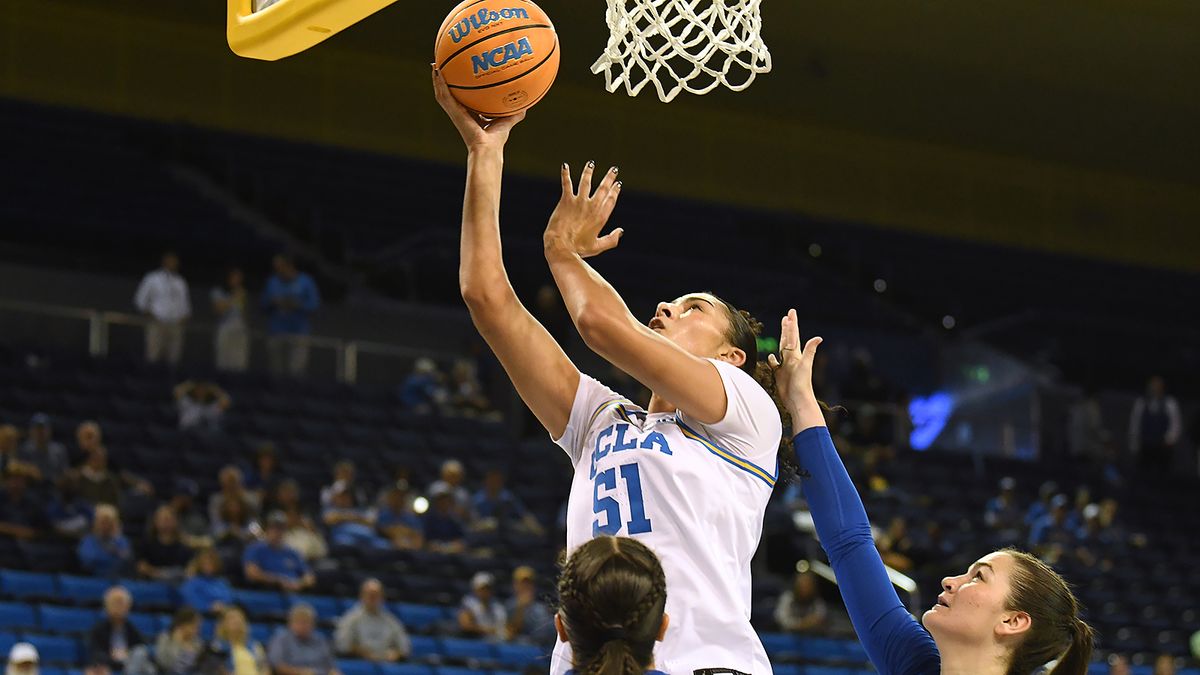 UCLA Bruins center Lauren Betts (51) lays in a basket during an NCAA basketball game against the UCSB Gauchos on Thursday, November 6, 2025 at Pauley Pavilion in Los Angeles, Calif.  Bruins defeated the Gauchos 87-50.