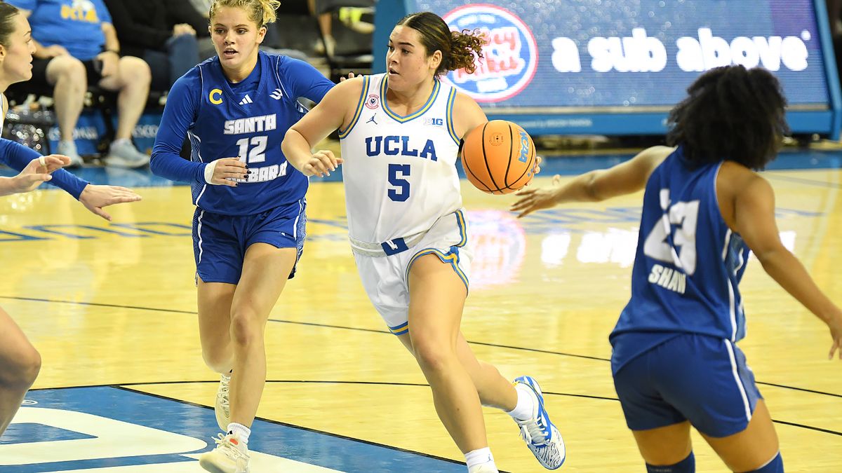 UCLA Bruins guard Charlisse Leger-Walker (5) drives to the basket during an NCAA basketball game against the UCSB Gauchos on Thursday, November 6, 2025 at Pauley Pavilion in Los Angeles, Calif.  Bruins defeated the Gauchos 87-50.