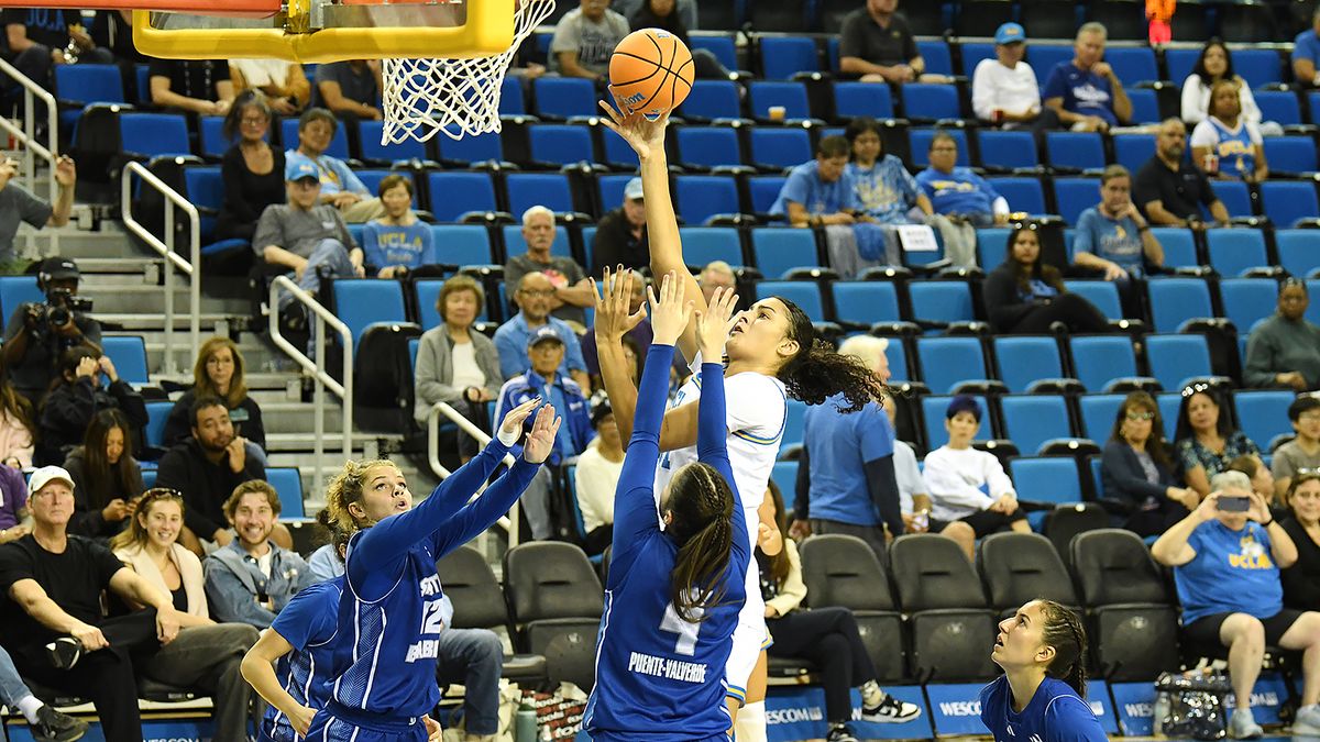 UCLA Bruins center Lauren Betts (51) lays in a basket during an NCAA basketball game against the UCSB Gauchos on Thursday, November 6, 2025 at Pauley Pavilion in Los Angeles, Calif.  Bruins defeated the Gauchos 87-50.