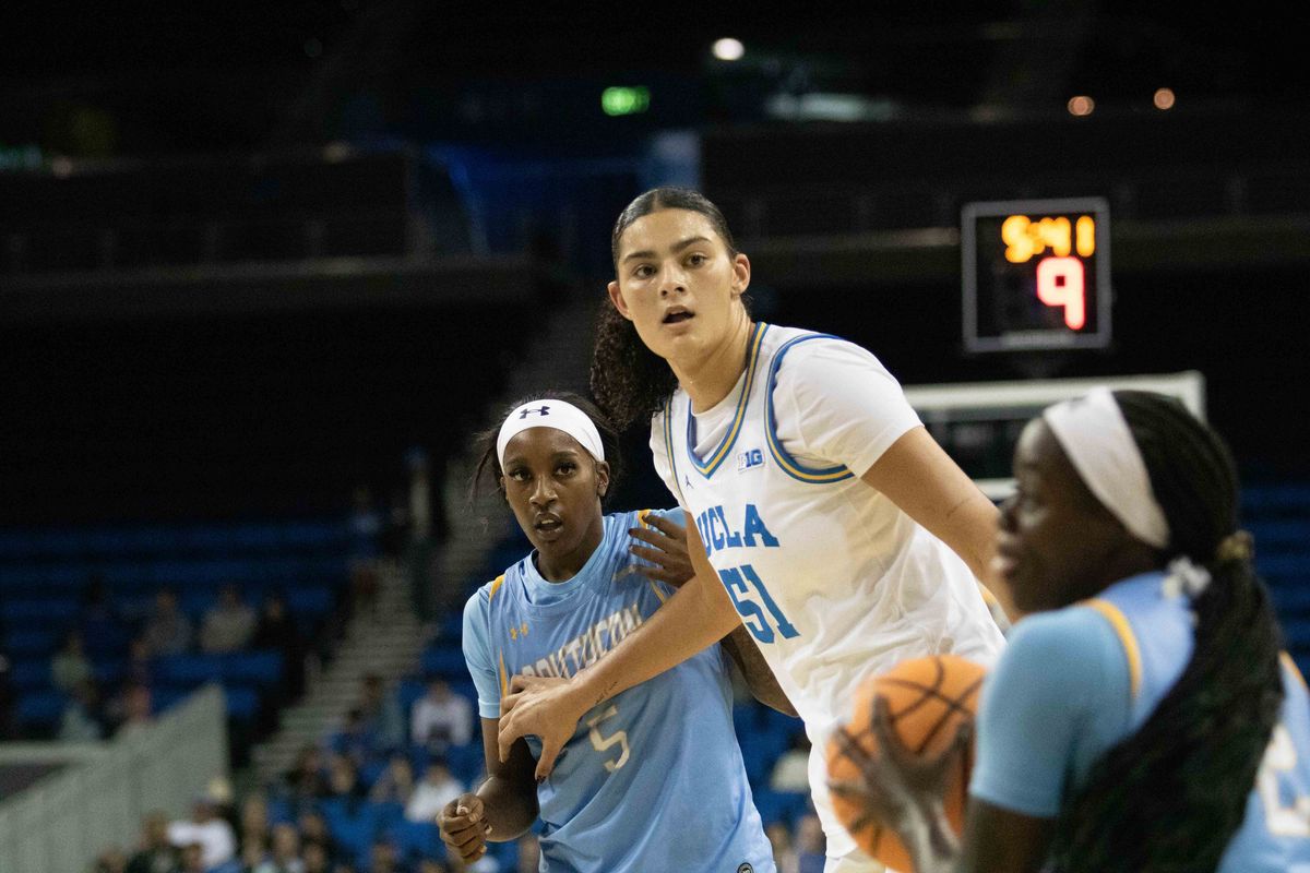 UCLA center Lauren Betts (51) defends during a NCAA basketball game between UCLA and Southern University on Sunday, November 23, 2025 at Pauley Pavilion in Los Angeles, CA. 