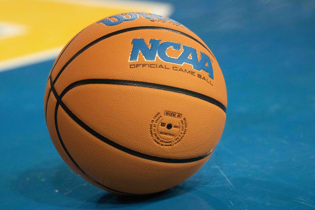 An official NCAA basketball on the floor during a NCAA basketball game between UCLA and Southern University on Sunday, November 23, 2025 at Pauley Pavilion in Los Angeles, CA. 