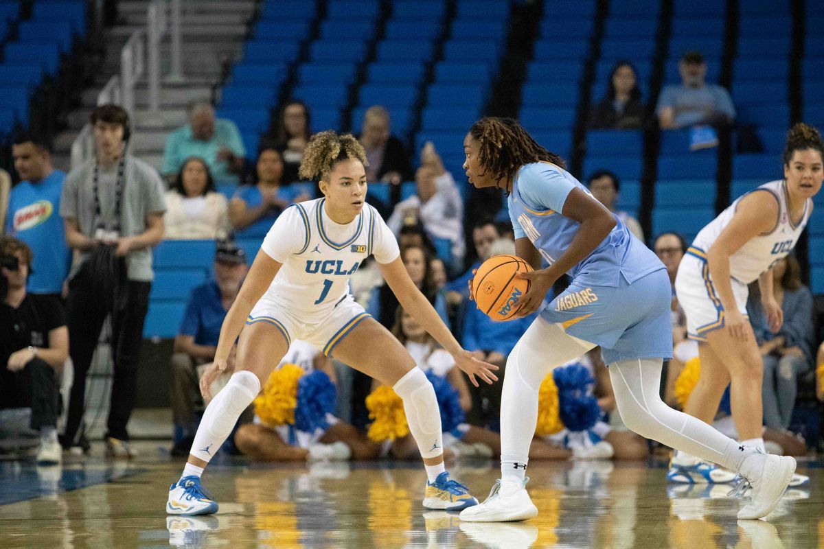UCLA guard Kiki Rice (1) defends during a NCAA basketball game between UCLA and Southern University on Sunday, November 23, 2025 at Pauley Pavilion in Los Angeles, CA. 
