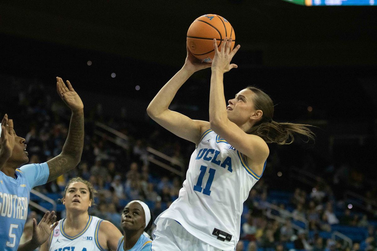 UCLA guard Gabriela Jaquez (11) pulls up for a shot during a NCAA basketball game between UCLA and Southern University on Sunday, November 23, 2025 at Pauley Pavilion in Los Angeles, CA. 