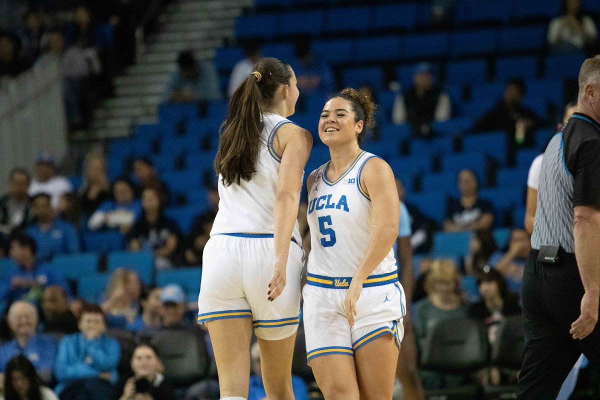 UCLA guard Charlisse Leger-Walker (5) passed by UCLA forward Angela Dugalic (32) during a NCAA basketball game between UCLA and Southern University on Sunday, November 23, 2025 at Pauley Pavilion in Los Angeles, CA. 