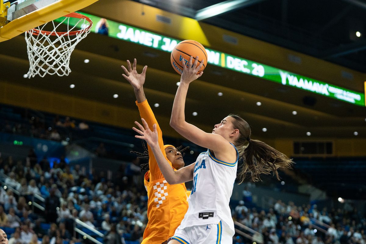 UCLA Bruins guard Gabriela Jaquez (11) drives to the basket and scores during an NCAA basketball game against the Tennessee Lady Volunteers on Sunday, November 30, 2025 at Pauley Pavilion in Los Angeles, Calif.