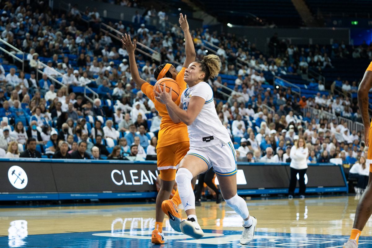 UCLA Bruins guard KiKi Rice (1) attacks her defender off the dribble during an NCAA basketball game against the Tennessee Lady Volunteers on Sunday, November 30, 2025 at Pauley Pavilion in Los Angeles, Calif.