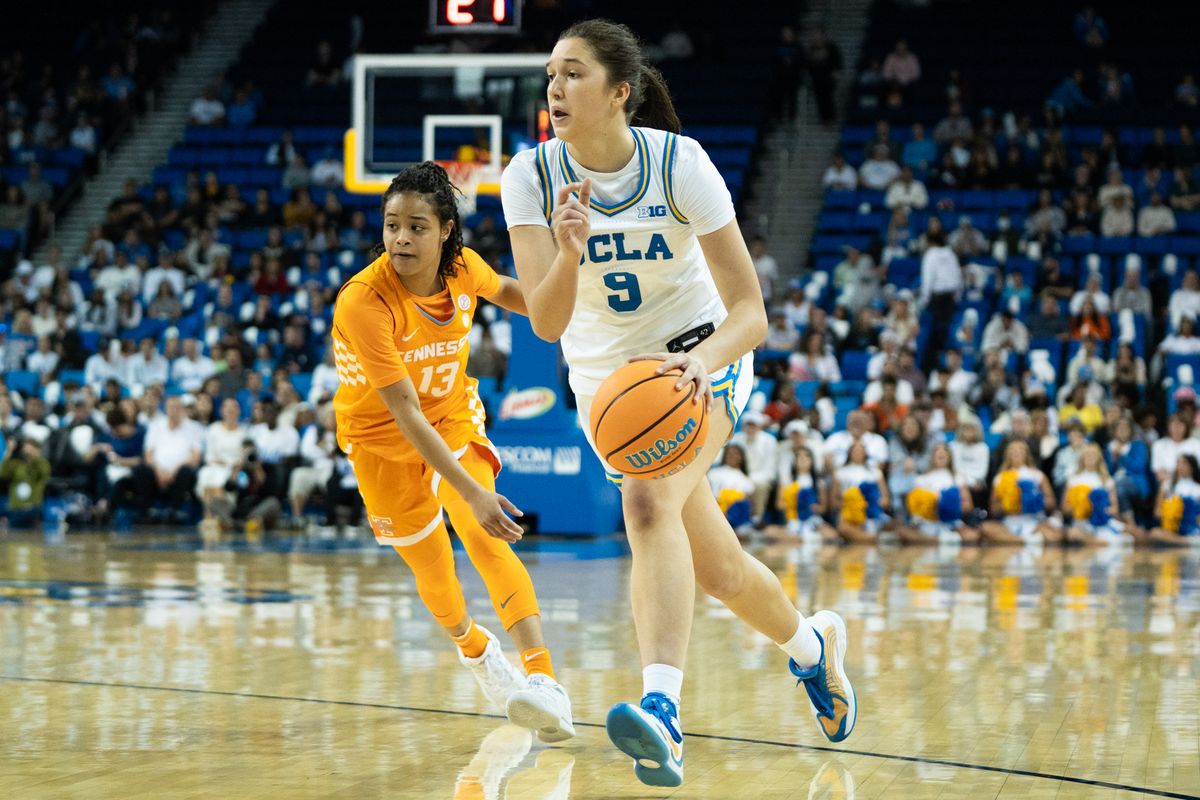UCLA Bruins guard Lena Bilic (9) drives to the basket during an NCAA basketball game against the Tennessee Lady Volunteers on Sunday, November 30, 2025 at Pauley Pavilion in Los Angeles, Calif.