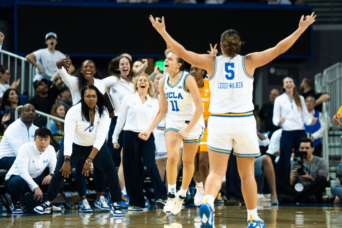 UCLA Bruins guard Gabriela Jaquez (11) goes crazy after hitting her 5th three of the night during an NCAA basketball game against the Tennessee Lady Volunteers on Sunday, November 30, 2025 at Pauley Pavilion in Los Angeles, Calif.