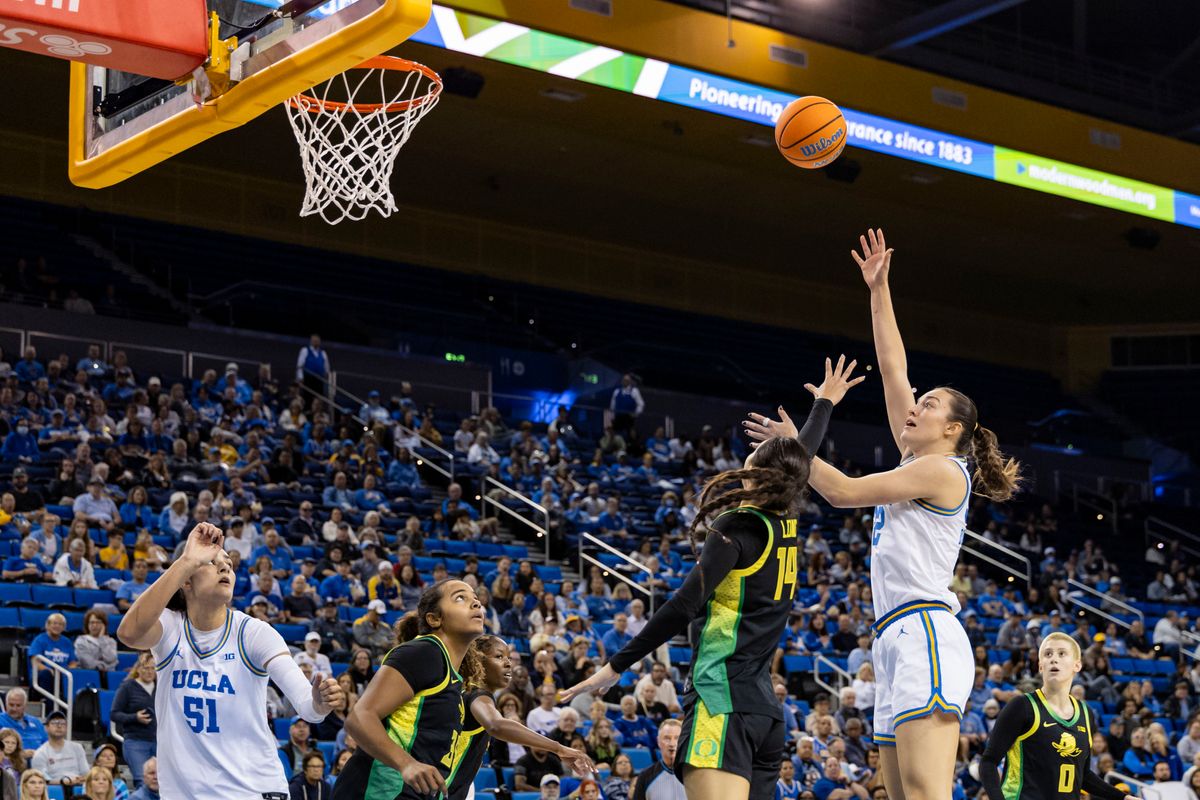 Forward Angela Dugalić #32 of the UCLA Bruins shoots the ball during an NCAA basketball game against the Oregon Ducks, Sunday December 7, 2025 in Los Angeles, Calif.