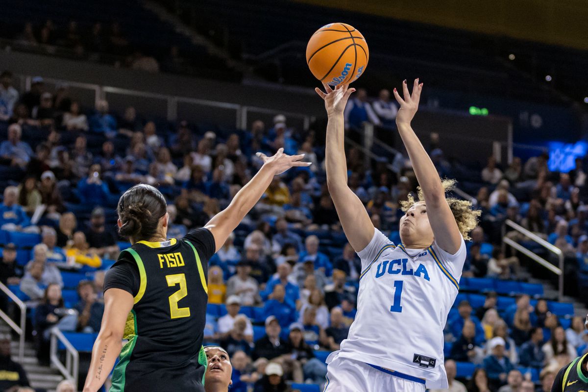 Guard Kiki Rice #1 of the UCLA Bruins shoots the ball during an NCAA basketball game against the Oregon Ducks, Sunday December 7, 2025 in Los Angeles, Calif.