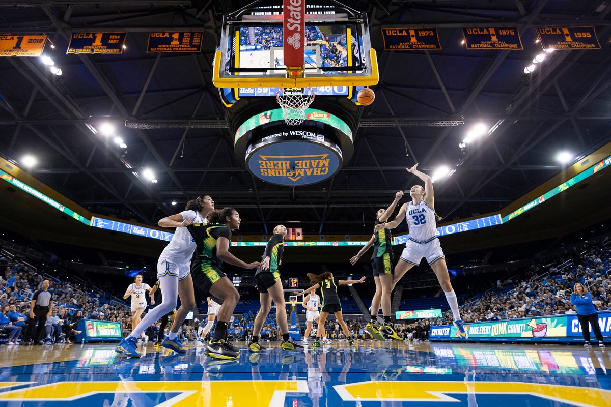 Forward Angela Dugalić #32 of the UCLA Bruins shoots the ball during an NCAA basketball game against the Oregon Ducks, Sunday December 7, 2025 in Los Angeles, Calif.