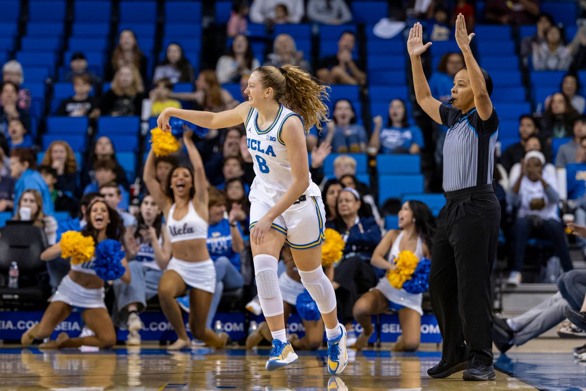Guard Gianna Kneepkens #8 of the UCLA Bruins celebrates a made three point shot during an NCAA basketball game against the Oregon Ducks, Sunday December 7, 2025 in Los Angeles, Calif.