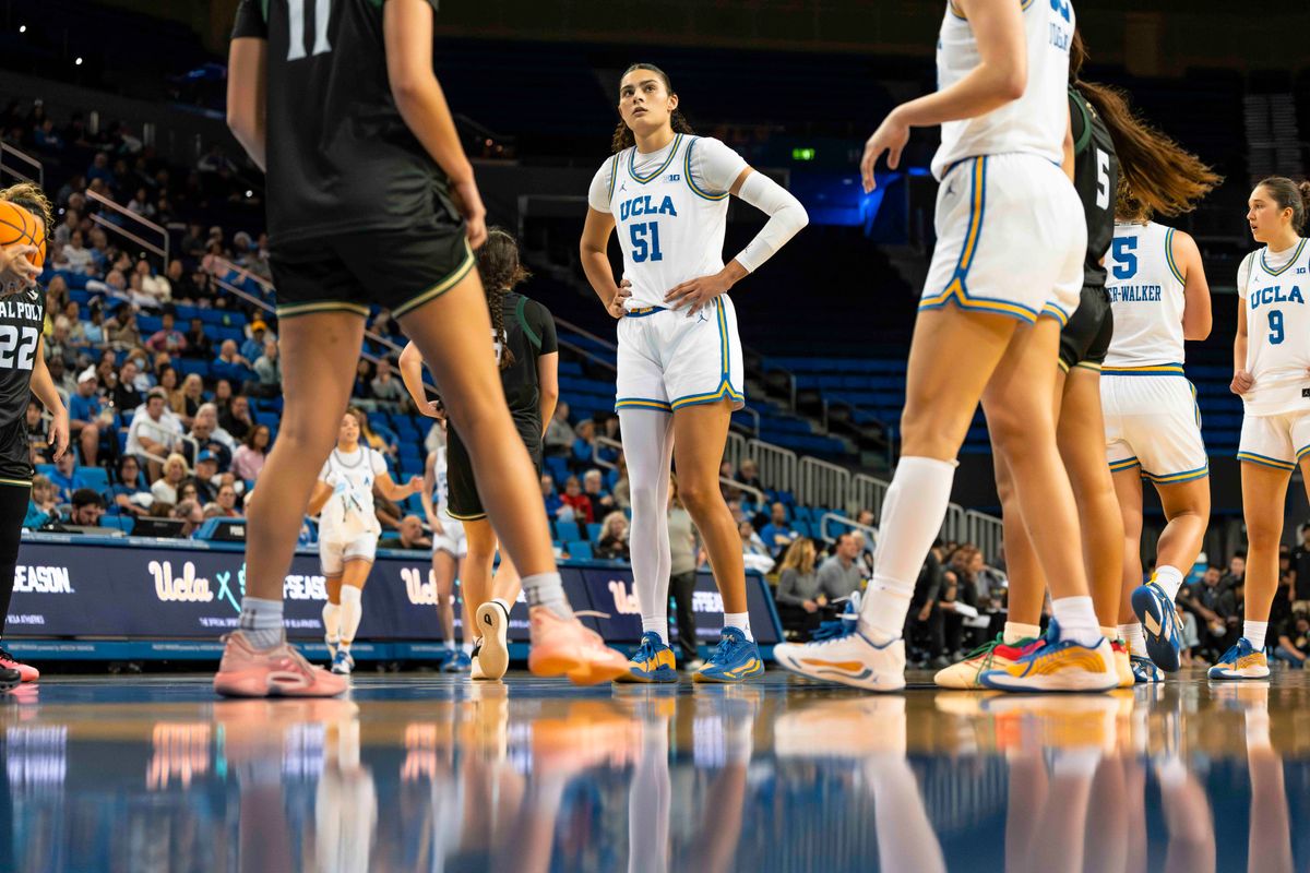 UCLA center, Lauren Betts (51) waiting to shoot at the free-throw line during a NCAA basketball game against Cal Poly on December 16, 2025 in Los Angeles, CA.