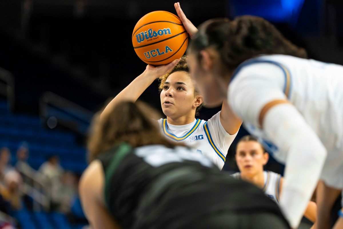 UCLA guard, Kiki Rice (1) shooting a free-throw during a NCAA basketball game against Cal Poly on December 16, 2025 in Los Angeles, CA.