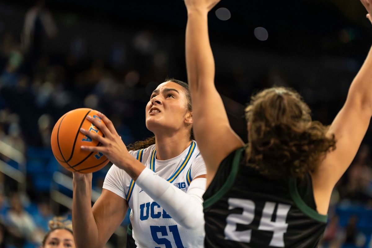 UCLA center, Lauren Betts (51) shoots during a NCAA basketball game against Cal Poly on December 16, 2025 in Los Angeles, CA.