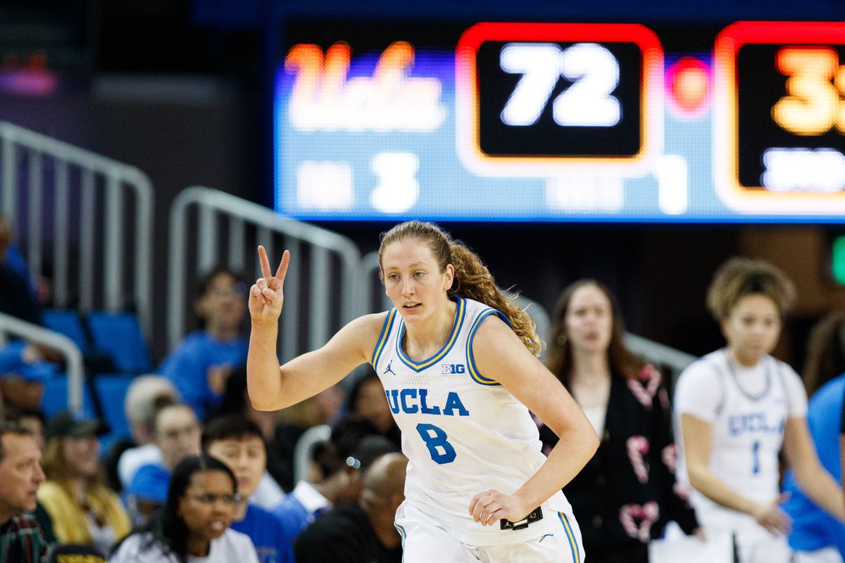 UCLA Bruins guard Gianna Kneepkens (8) celebrates after scoring a basket during an NCAA basketball game against Long Beach State, Saturday December 20, 2025 in Los Angeles, Calif.