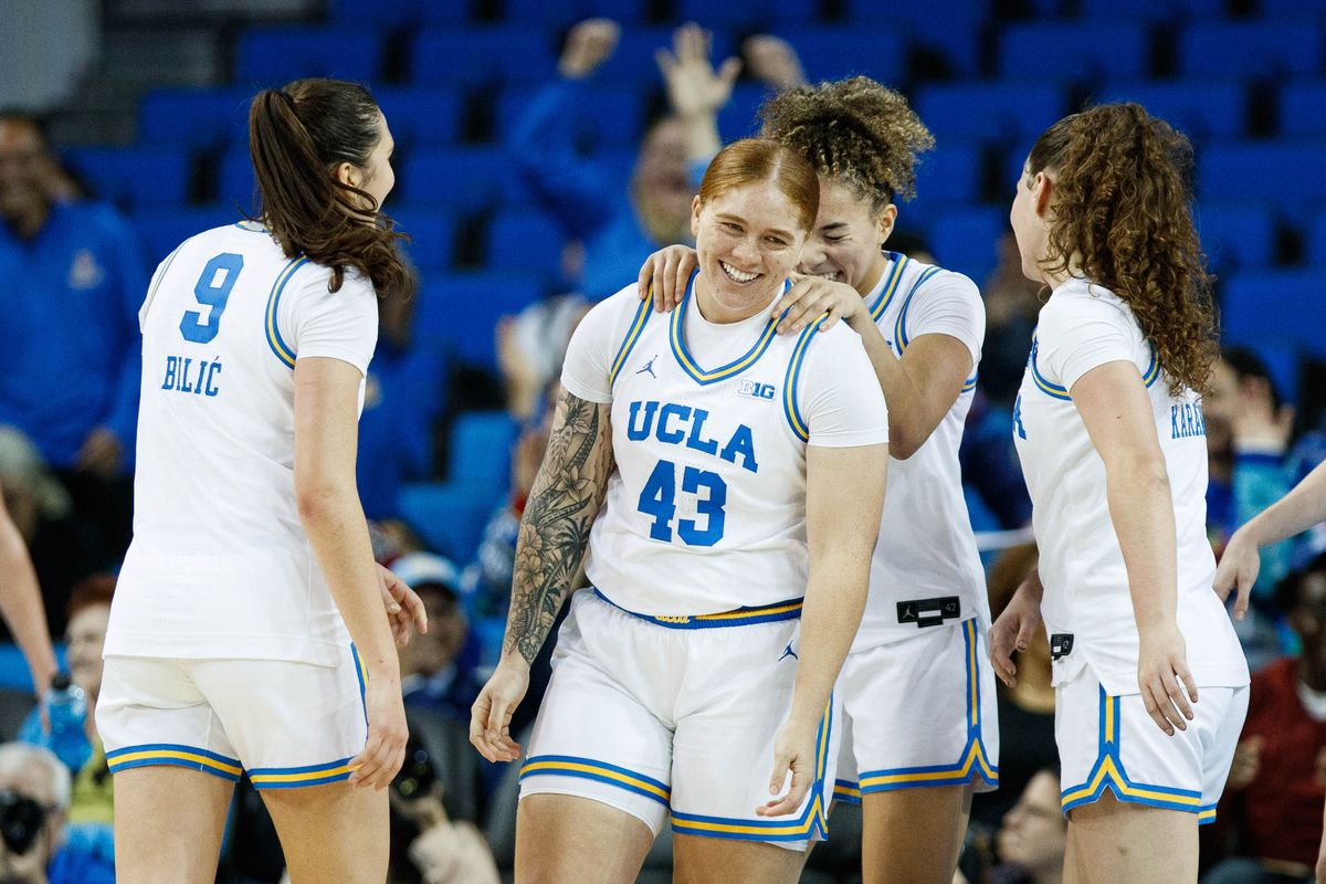 UCLA Bruins forward Megan Grant (43) celebrates after scoring a basket during an NCAA basketball game against Long Beach State, Saturday December 20, 2025 in Los Angeles, Calif. UCLA Bruins forward Megan Grant (43) celebrates after scoring a basket during an NCAA basketball game against Long Beach State, Saturday December 20, 2025 in Los Angeles, Calif.
