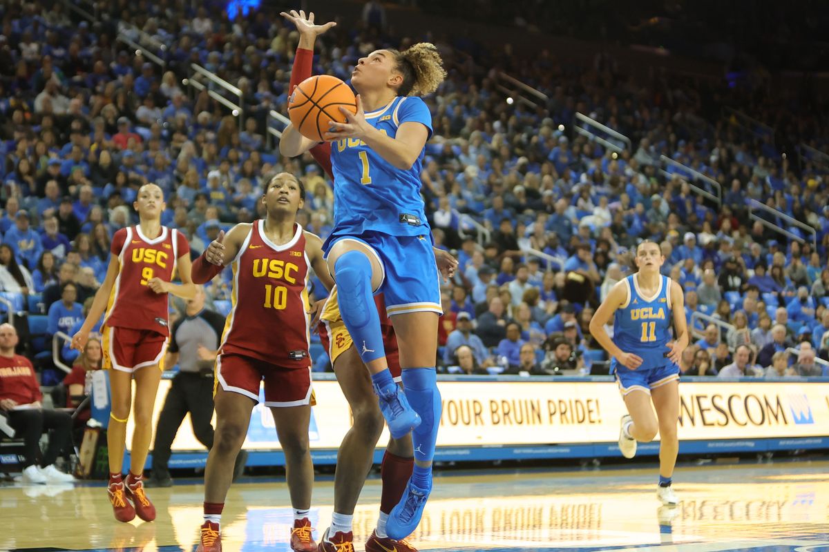 UCLA guard Kiki Rice (1) goes up for a lay up during an NCAA basketball game against USC on January 3, 2026 in Los Angeles, CA.
