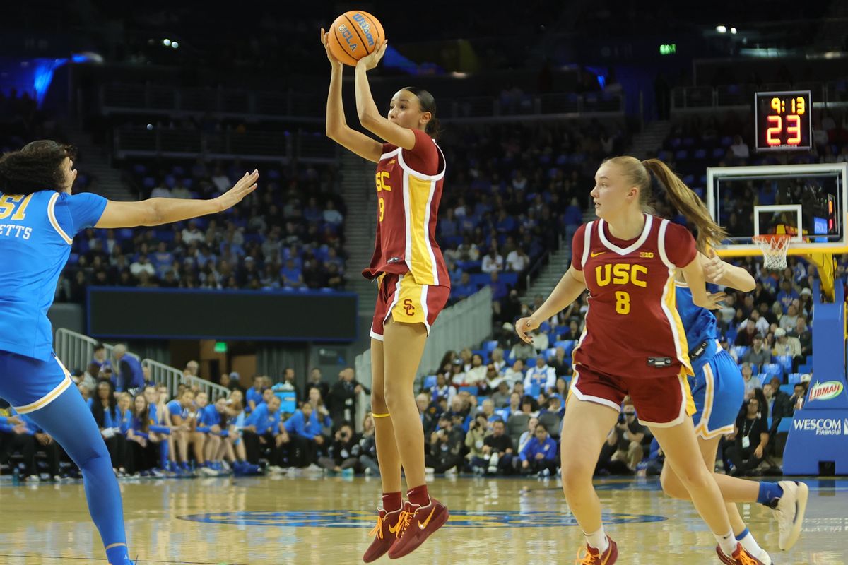 USC guard Jazzy Davidson (9) shoots the basketball during an NCAA basketball game against the UCLA Bruins on January 3, 2026 in Los Angeles, CA.