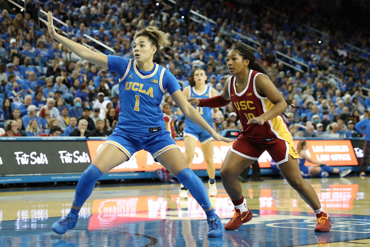 UCLA guard Kiki Rice (1) battles for position against USC guard Malia Samuels (10) during an NCAA basketball game on January 3, 2026 in Los Angeles, CA.