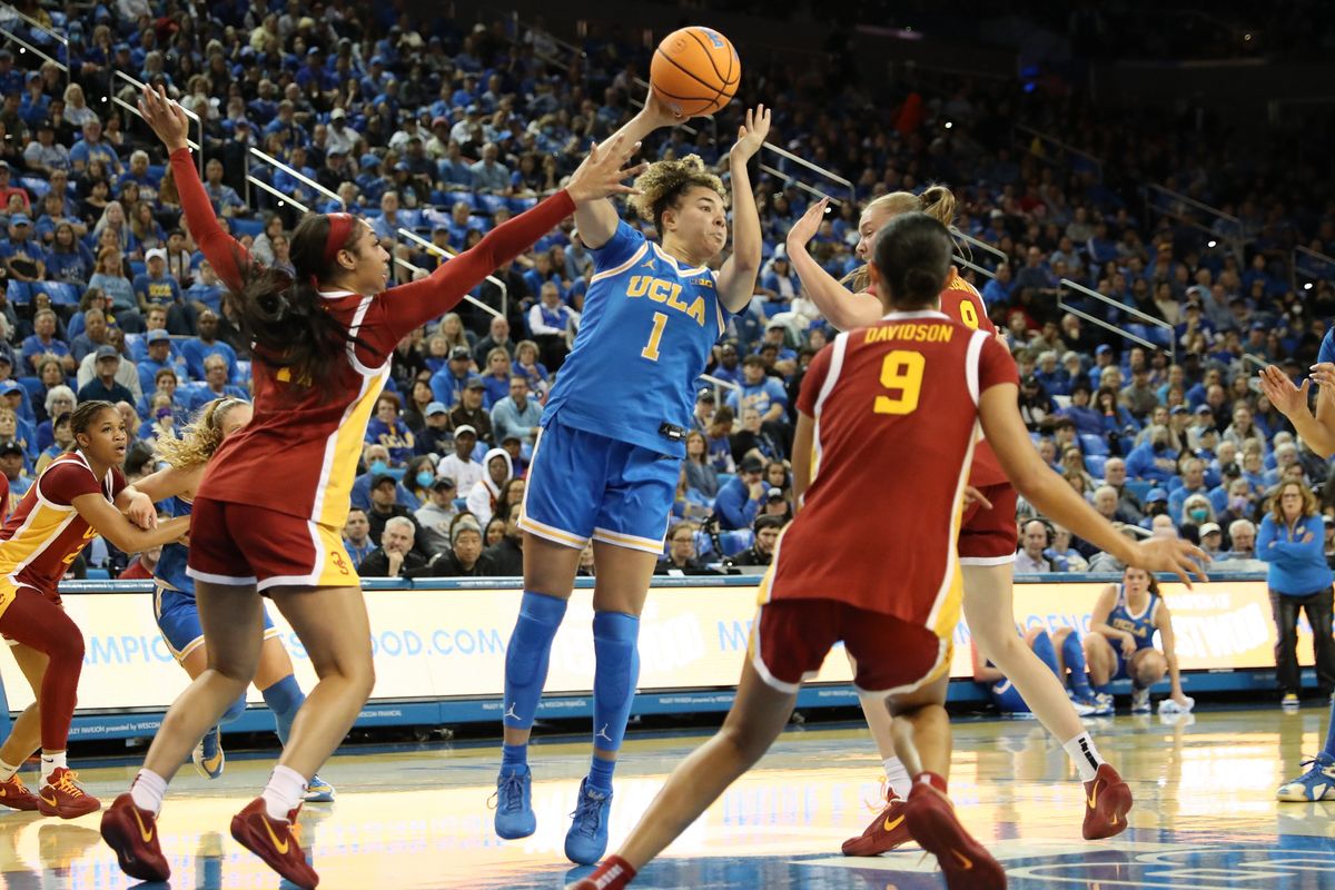 UCLA guard Kiki Rice (1) makes a pass during an NCAA basketball game against USC on January 3, 2026 in Los Angeles, CA.