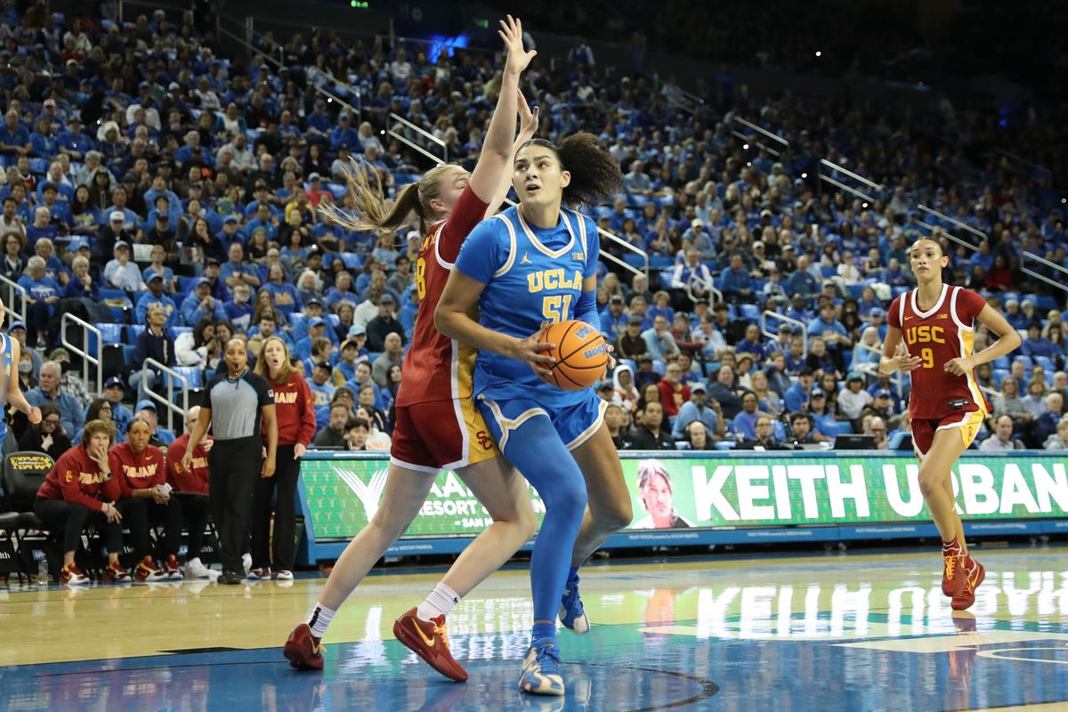 UCLA center (51) Lauren Betts posts up during an NCAA basketball game against USC on January 3, 2026 in Los Angeles, CA.