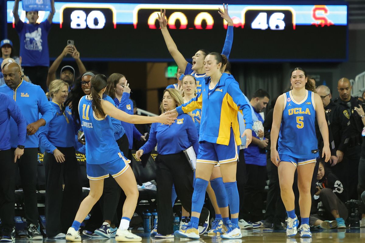 UCLA Bruin players celebrate a win after an NCAA basketball game against USC on January 3, 2026 in Los Angeles, CA.