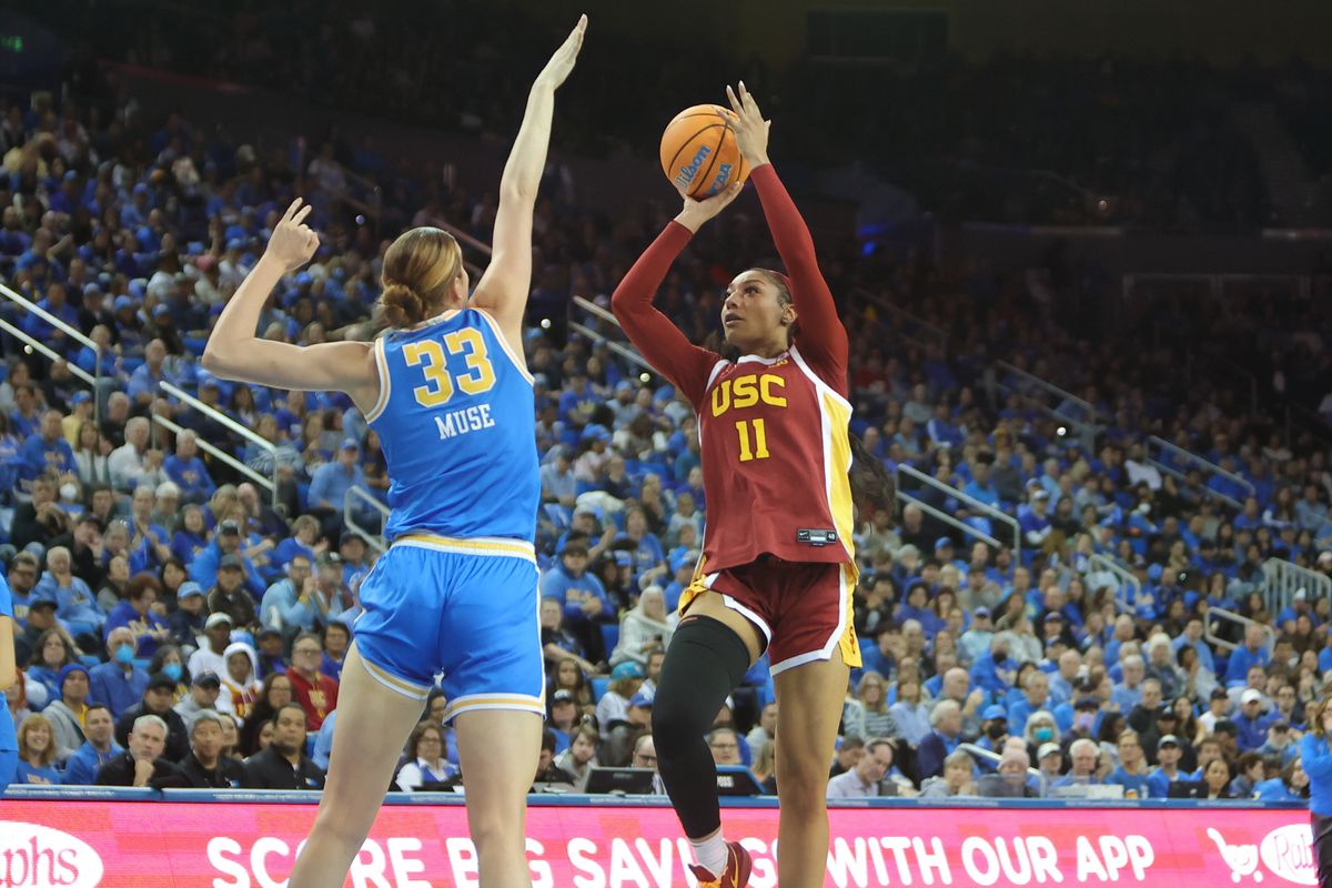 USC guard Kennedy Smith (11) shoots the basketball during an NCAA basketball game against the UCLA Bruins on January 3, 2026 in Los Angeles, CA.