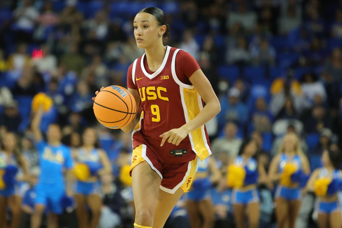 USC guard Jazzy Davidson (9) dribbles the basketball during an NCAA basketball game against the UCLA Bruins on January 3, 2026 in Los Angeles, CA.