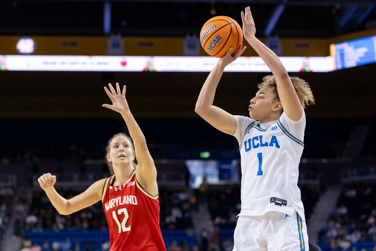 Kiki Rice #1 of the UCLA Bruins shoots the ball during an NCAA basketball game against the Maryland Terrapins, Sunday January 18, 2026 in Los Angeles, Calif. Kiki Rice #1 of the UCLA Bruins shoots the ball during an NCAA basketball game against the Maryland Terrapins, Sunday January 18, 2026 in Los Angeles, Calif.